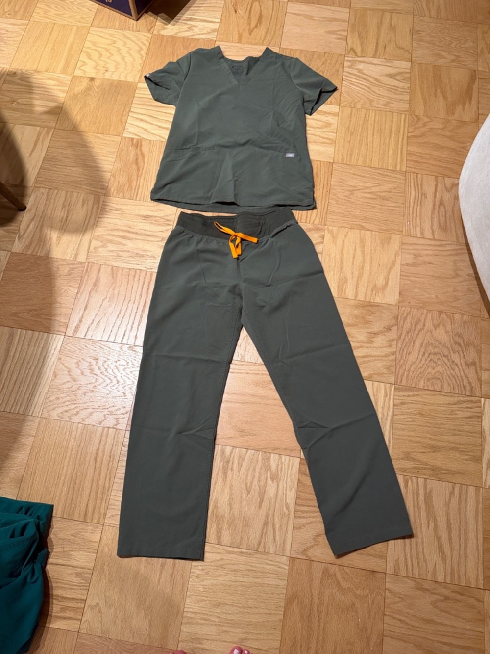 Figs Olive Green Scrub Top and Pants with Orange Drawstring